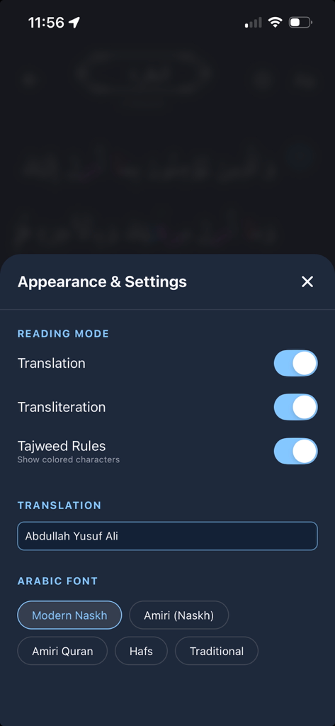 Iqamah - Settings screen for the Quran reader showing options for translation transliteration tajweed rules and font selection