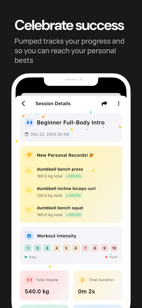 Pumped Workout Tracker Gym Log - A summary of a gym session in the Pumped app showing new personal records and total volume.