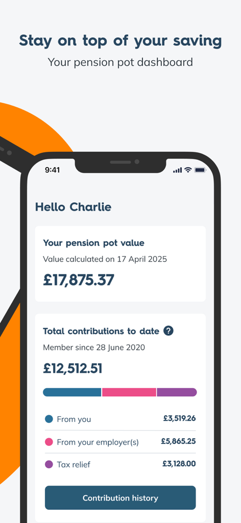 Panel de la aplicación Nest Pensions que muestra el valor total del plan de pensiones y el historial de contribuciones