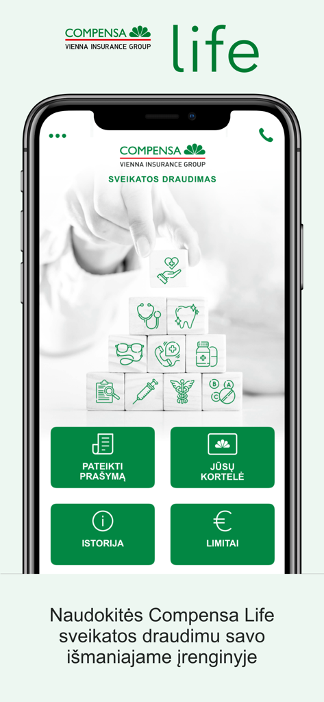 Compensa Life Lithuania mobile app home screen showing options for claims submission digital insurance card history and limits