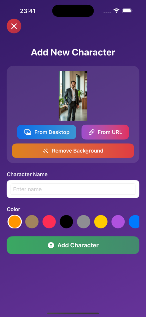 Shimeji Screen Pets - Interface pour ajouter un nouveau personnage dans l'application Shimeji Screen Pets montrant les options pour télécharger une image depuis le bureau ou une URL, supprimer l'arrière-plan, nommer le personnage et choisir une couleur de thème