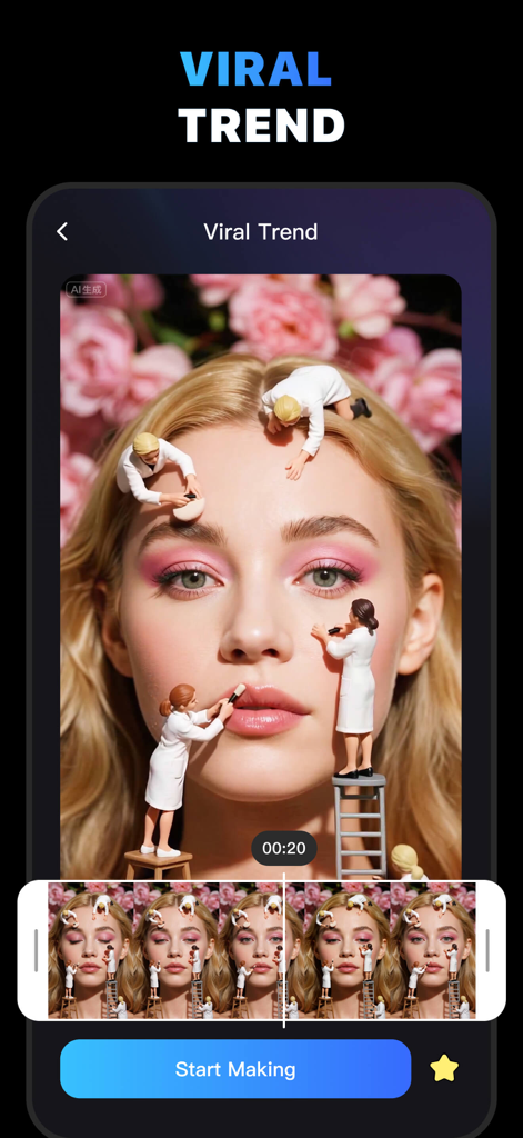 MotionAI app interface showing a viral mini world filter with tiny people working on a woman's face