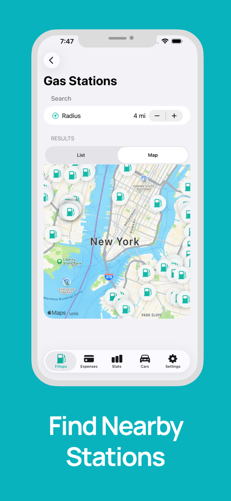 Fuel Cost Calculator & Tracker - Visualização de mapa mostrando postos de gasolina próximos em Nova York com um filtro de pesquisa de raio.