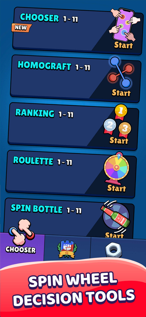 PartyFun: Finger Chooser Games - Captura de pantalla del menú de la aplicación PartyFun que muestra varias herramientas de decisión como la ruleta de elección de dedo y el juego de girar la botella