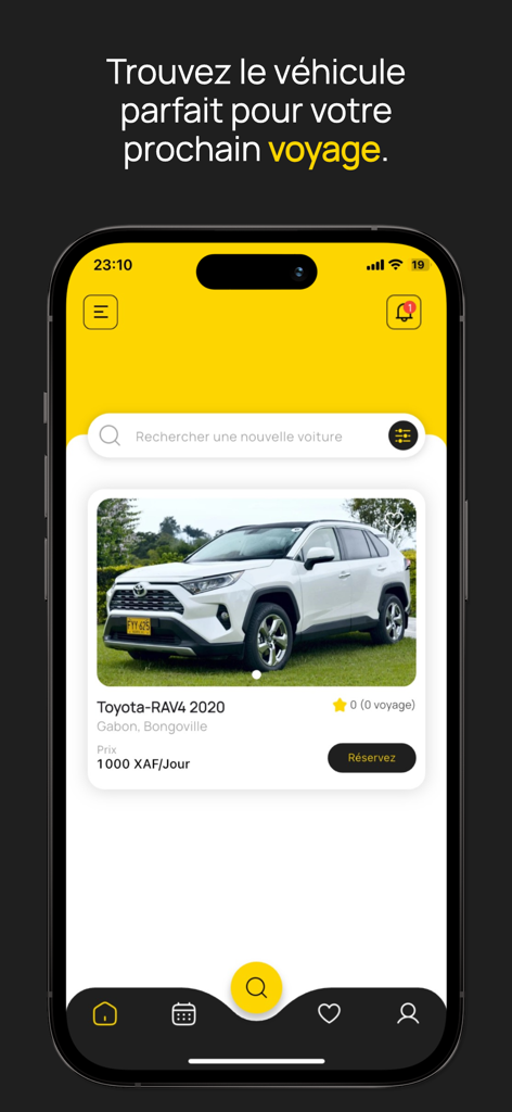 가봉에서 토요타 RAV4 렌탈 목록을 보여주는 Loobv 모바일 앱 인터페이스