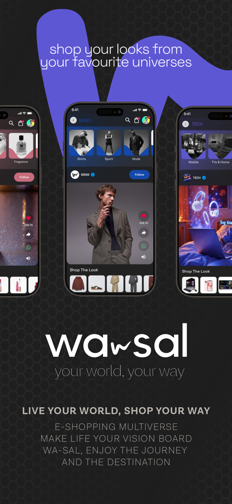 WASAL app interface showing curated shopping universes for fashion menswear and tech