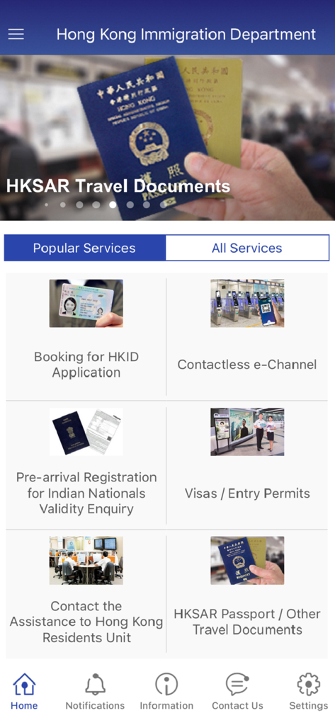 HK Immigration Department - Startbildschirm der App der Hongkonger Einwanderungsbehörde mit beliebten Diensten wie HKID-Antrag und Visa-Genehmigungen.