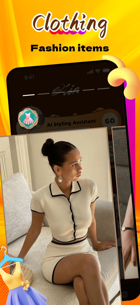 Olivn：Live Video Chat，Meet - 프레피한 크림색 의상을 입은 여성이 AI 스타일링 도우미가 있는 올리븐 앱 인터페이스에 표시됩니다.