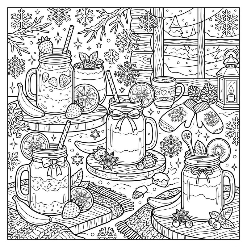 Escape to a frosty, flavorful world with this unique coloring page featuring refreshing smoothies and juices nestled in a cozy winter setting. Discover detailed mason jars bursting with fruit, surrounded by delicate snowflakes and warm winter accents, perfect for a relaxing creative escape.