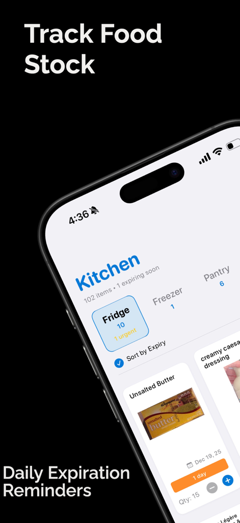 Food Stocks • Pantrino - Interface de l'application mobile Pantrino pour le suivi de l'inventaire alimentaire et des dates d'expiration