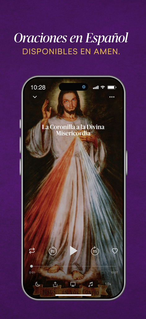 Amen: Catholic Bible & Prayers - Amen app screen displaying Catholic prayers in Spanish with an image of Jesus
