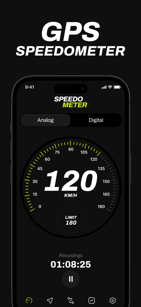Interface do aplicativo Speed GPS Tracker mostrando um medidor de velocímetro analógico a 120 km/h e um cronômetro de gravação de viagem