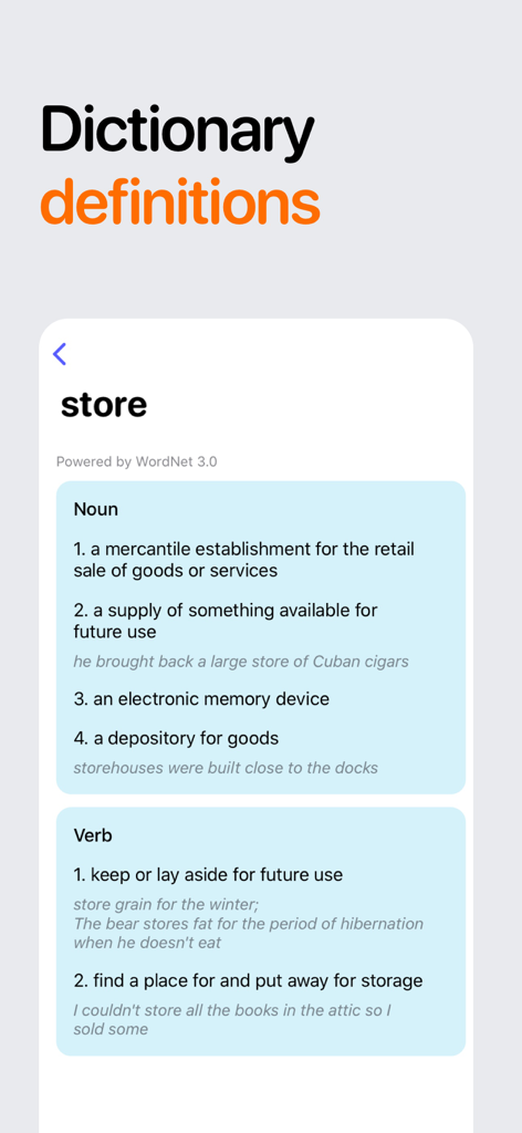 Screenshot of the Word and Anagram Finder app showing the dictionary definitions for the word store.