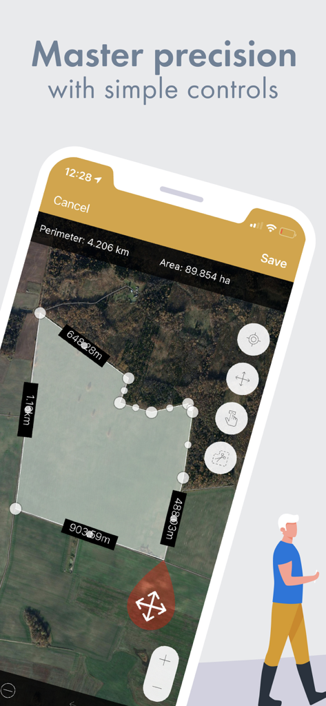 GPS Fields Area Measure app showing a satellite map with field area and perimeter measurements