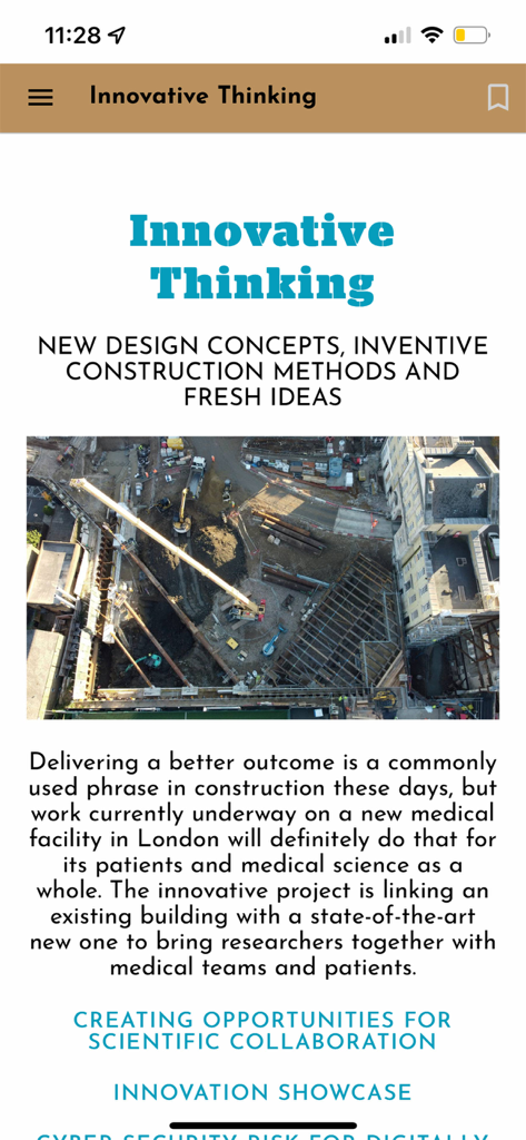 Screenshot of the New Civil Engineer app displaying an article titled Innovative Thinking with an aerial view of a construction site.