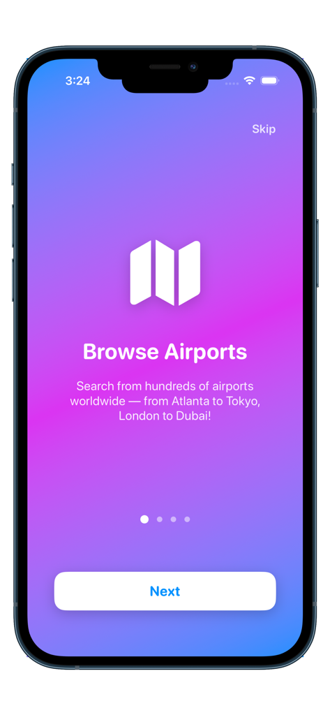 Airport Maps For Travelers - Airport Maps app onboarding screen titled Browse Airports mentioning global locations like Atlanta and Tokyo