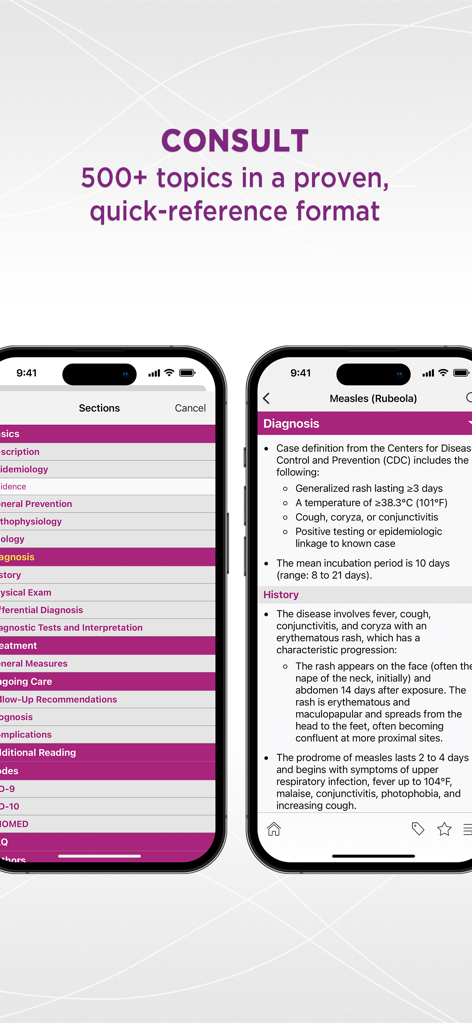 Dois ecrãs de iPhone exibindo secções de diagnóstico clínico e tratamento para o sarampo num formato médico de referência rápida.
