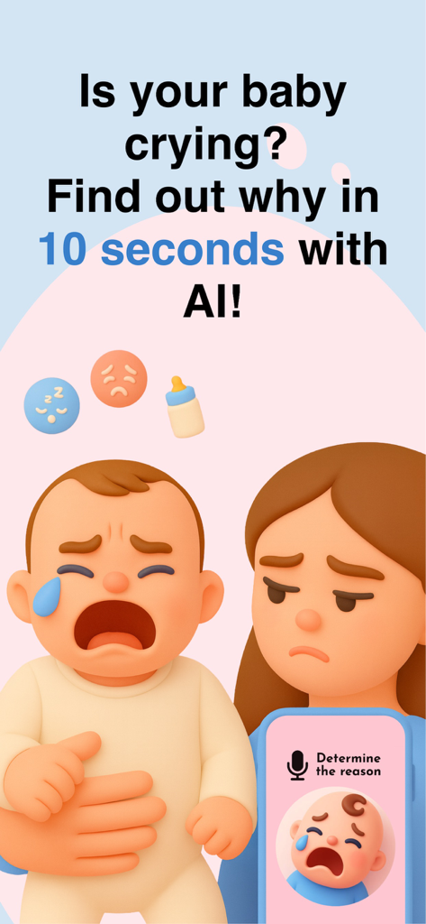 WeepAdvisor: Baby Cry Analyzer - WeepAdvisor app interface showing baby cry analysis with AI in 10 seconds