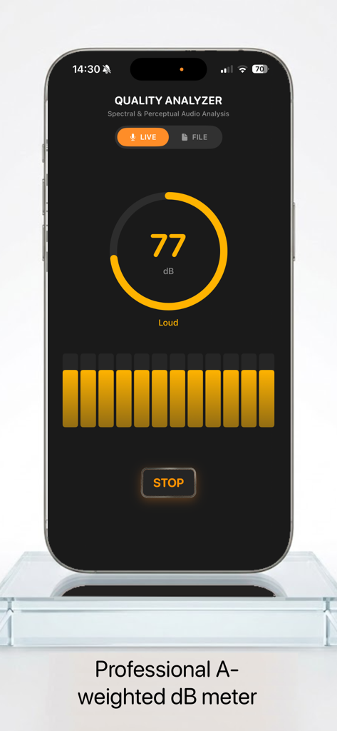 Quality Analizer - Quality Analyzer app interface showing a live A-weighted decibel meter reading 77 dB