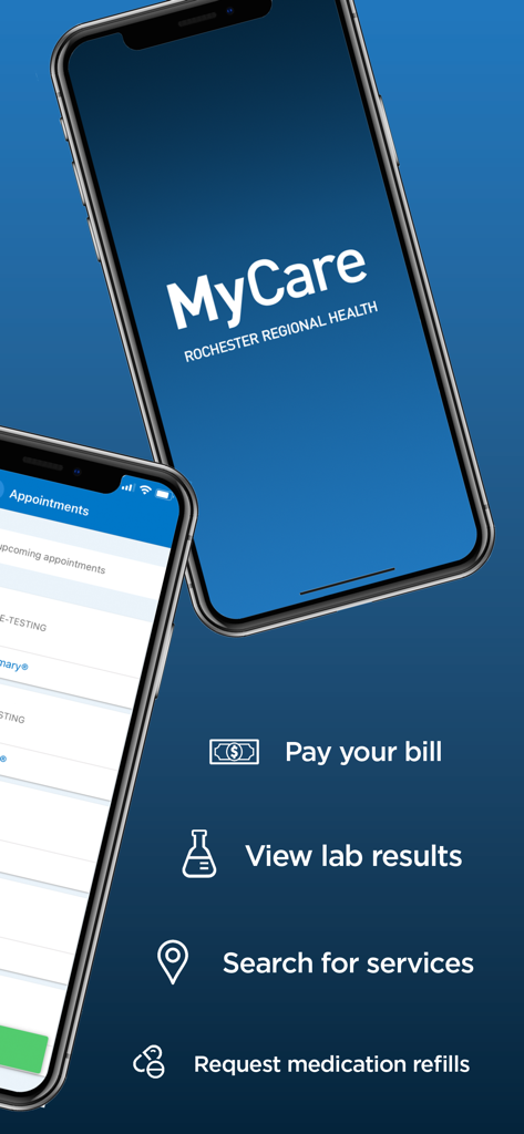 RRH MyCare - RRH MyCare mobile app interface displaying patient services like bill payment and lab results
