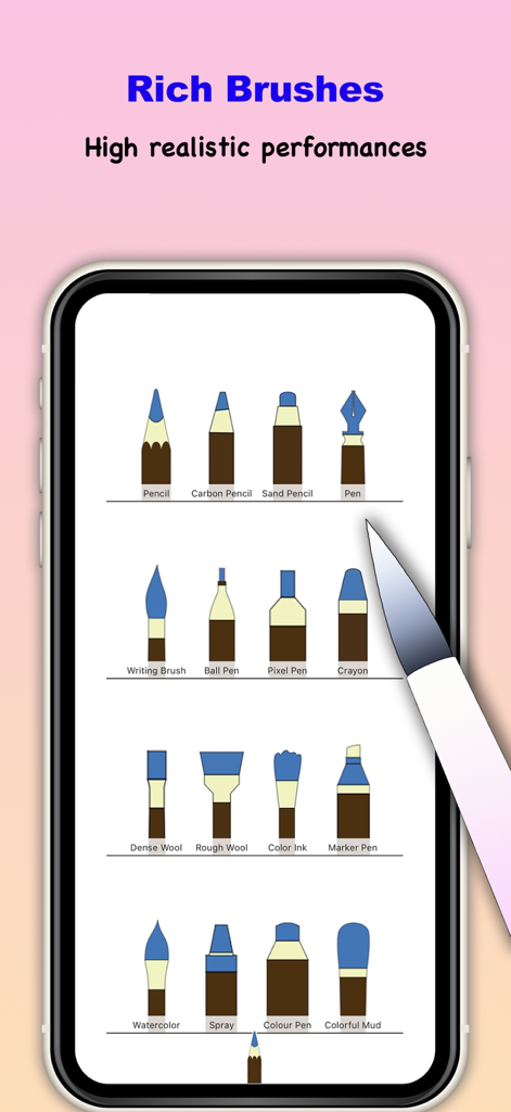 Display of various realistic digital brushes in Sketch Tree Pro app