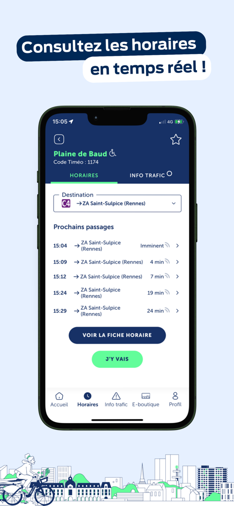 STAR mobile app interface displaying real-time bus arrival times and schedules for the Plaine de Baud station in Rennes