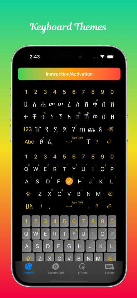 Interface of Type Geez Keyboard showing Amharic script and English layouts with theme options