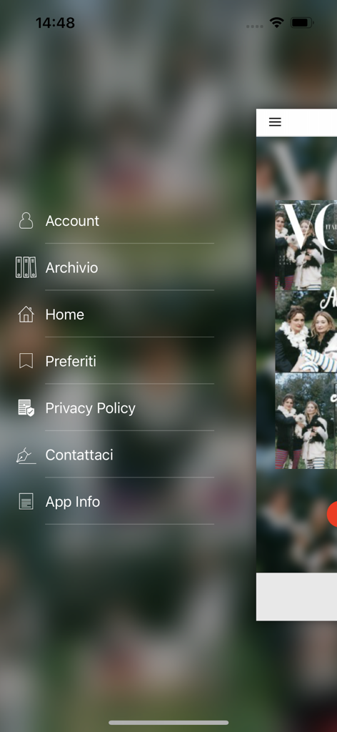 VOGUE ITALIA - Vogue Italia mobile app navigation sidebar featuring links for account archives home favorites and privacy policy