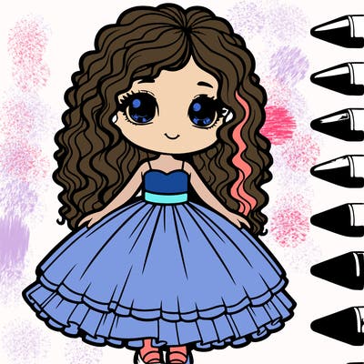 a girl with curly hair and blue eyes a pretty big dress