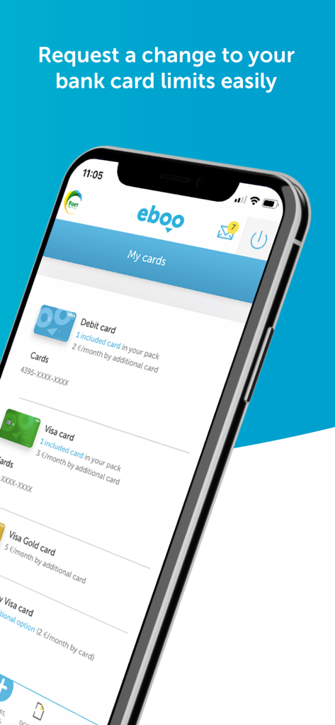 eboo - Interface do aplicativo eboo exibindo uma lista de cartões bancários e a opção de alterar limites de cartões.