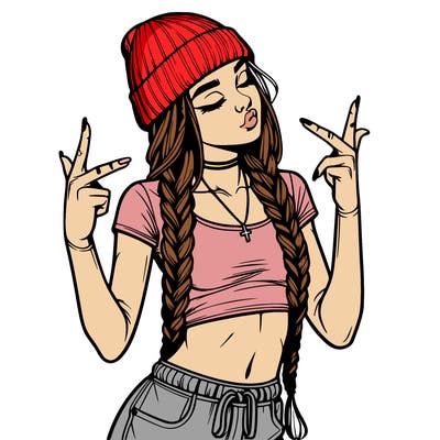 realistic teenage girl with braids and a beanie and crop top doing 🫶🏼