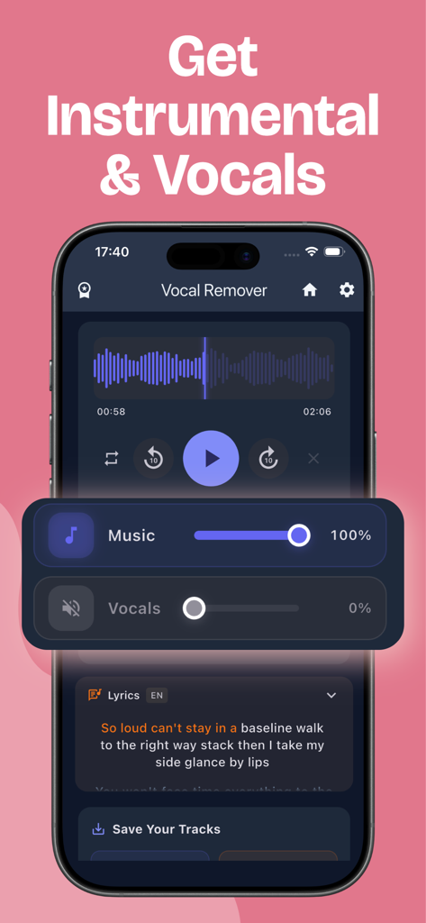 Vocal Remover - MusicSeparator - 同期された歌詞とインストゥルメンタルおよびボーカルトラックの分離を示すモバイルアプリのインターフェイス