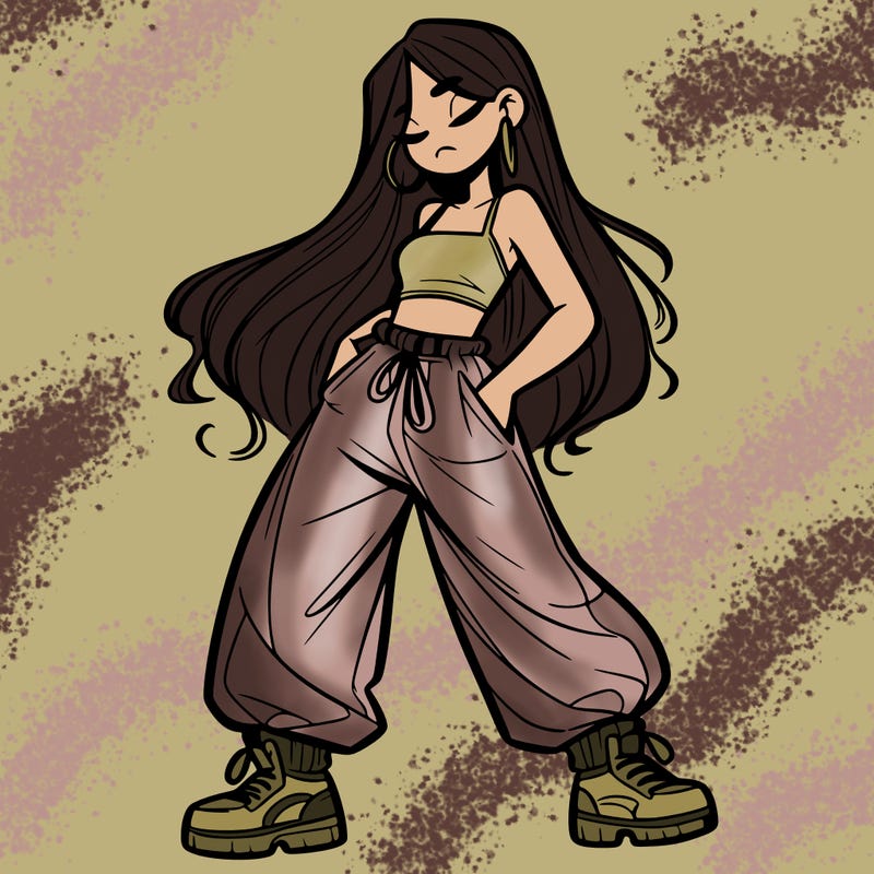 girl in baggy pants crop top and long hair