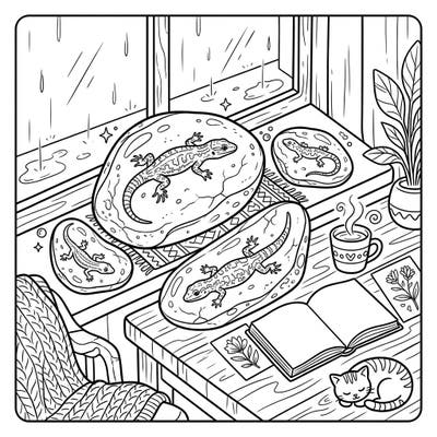 Embrace the tranquility of a rainy day with this unique coloring page featuring fascinating amber lizards. This cozy scene invites you to relax and bring vibrant life to these ancient creatures in a warm indoor setting.