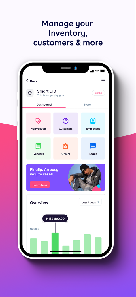 Prospaモバイルアプリのダッシュボード。在庫、顧客、事業財務を管理するためのツールが表示されている。