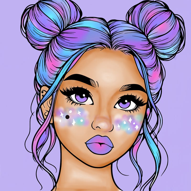 realistic girl with two buns on her hair and lips