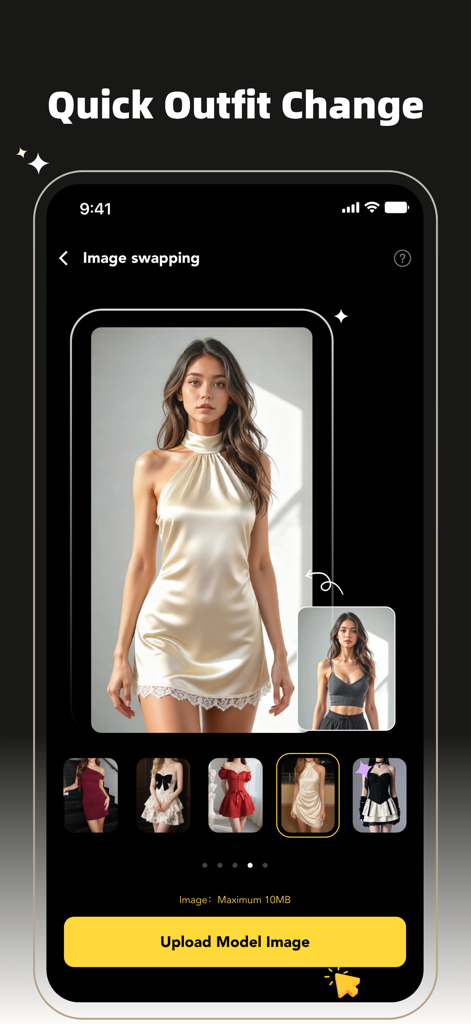 Maker AI Photo & Video Creator - Interfaz de una aplicación móvil que muestra una función de cambio rápido de vestuario, donde una mujer aparece con un vestido de seda blanco con opciones de otros estilos debajo