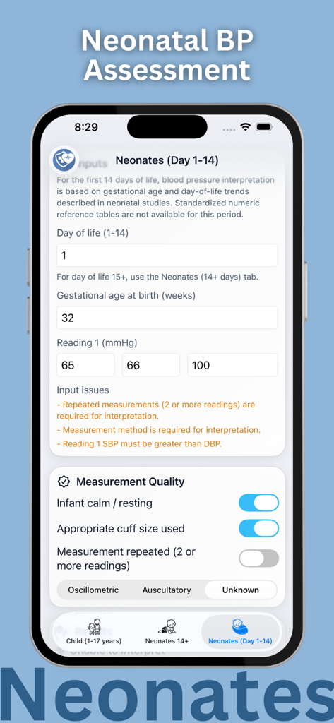 Blood Pressure: PediaBP - A screenshot of the PediaBP app showing the neonatal blood pressure assessment screen for infants between one and fourteen days of life.