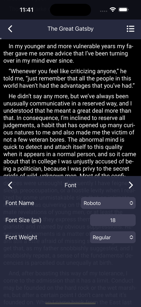 Inkwell - Customizable Ebooks - Inkwell ebook reader showing font customization settings for The Great Gatsby in dark mode