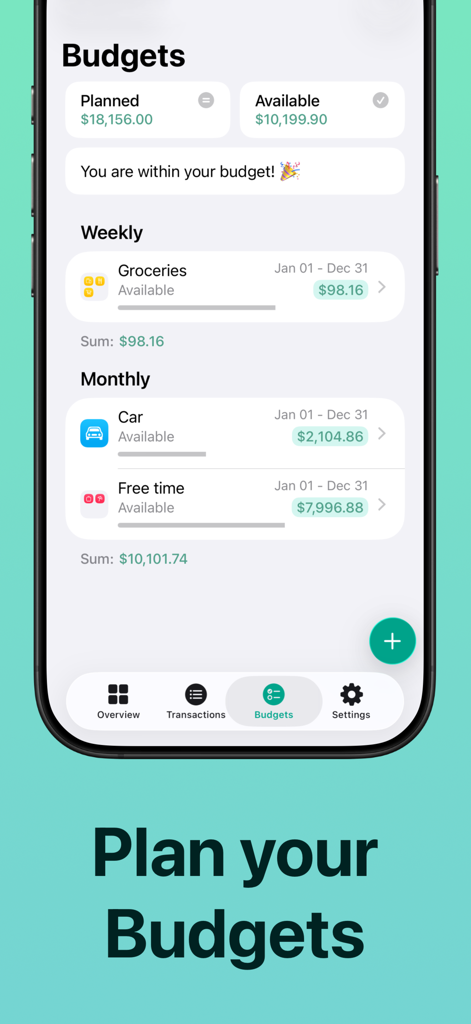 Budget Flow | Expense Tracker - Budget Flow app interface displaying planned and available funds for weekly and monthly expense categories
