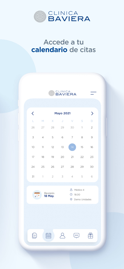Área paciente Clinica Baviera - Interface of Clinica Baviera app showing a monthly calendar for scheduling medical appointments