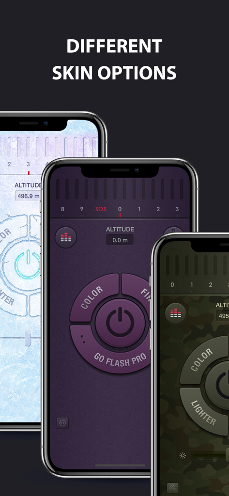Flashlight for iPhone + iPad - Tre schermi di iPhone che dimostrano diverse opzioni di skin per l'interfaccia dell'app Torcia, inclusi i temi viola e mimetico.