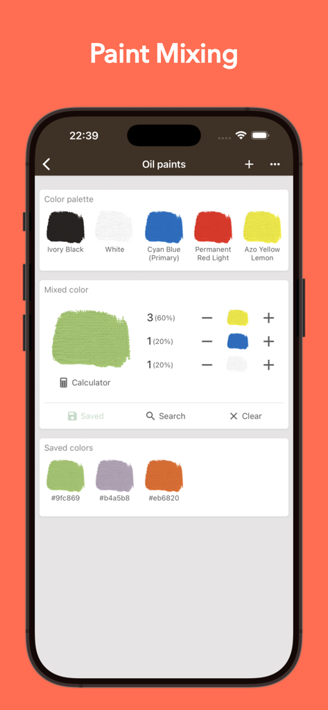 Real Color Mixer app screen showing oil paint color mixing and saved palette