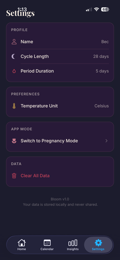Bloom - Period & Pregnancy - Bloom App Einstellungen Bildschirm zeigt Benutzerprofil Zykluslänge und Schwangerschaftsmodus-Umschalter