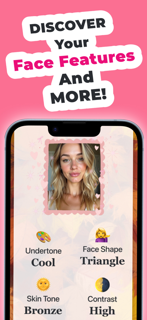 Glamour:Color Analysis&Glow Up - Pantalla de la aplicación móvil mostrando el análisis de rasgos faciales, incluyendo resultados para un subtono frío y forma de cara triangular