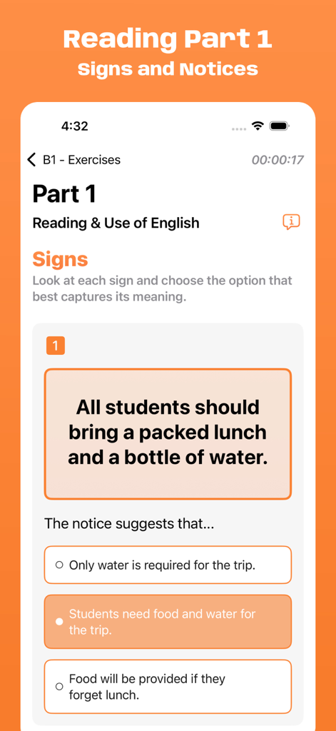 L'app Simulatore Esame Cambridge B1 mostra un esercizio della Parte 1 di lettura: segnali e avvisi.