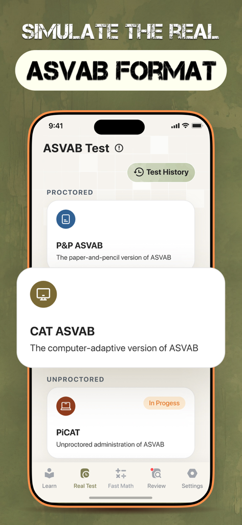 CAT ASVABおよびPiCAT模擬試験のオプションを示すモバイルアプリ画面。
