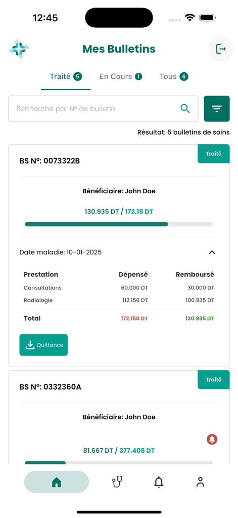 Screenshot of the Healio app showing a list of processed medical care statements and reimbursement status.