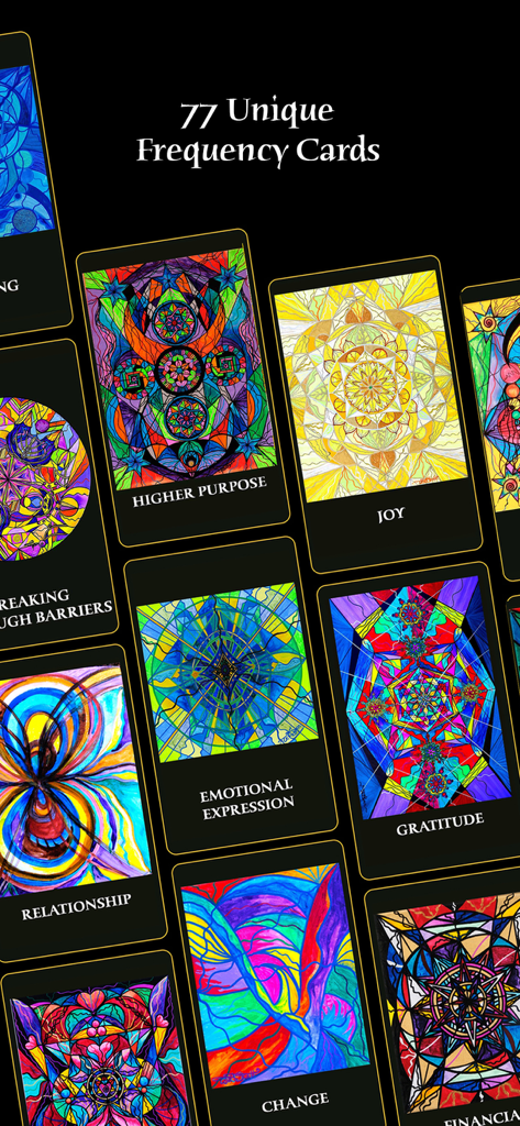 Una exhibición de varias cartas de guía espiritual coloridas y artísticas con títulos como Propósito Superior Alegría y Gratitud