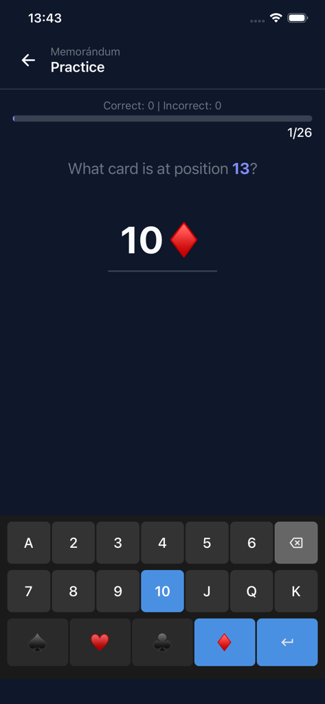 Mnemonicosis - A practice screen in the Mnemonicosis app asking the user to identify a card at a specific position in a stack with a custom card keyboard.